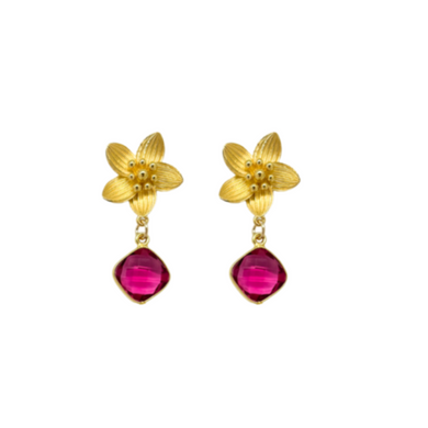 Gold floral posts coupled with hot pink quartz lend a whimsical flair to a timeless design with these earrings_m donohue collecetion