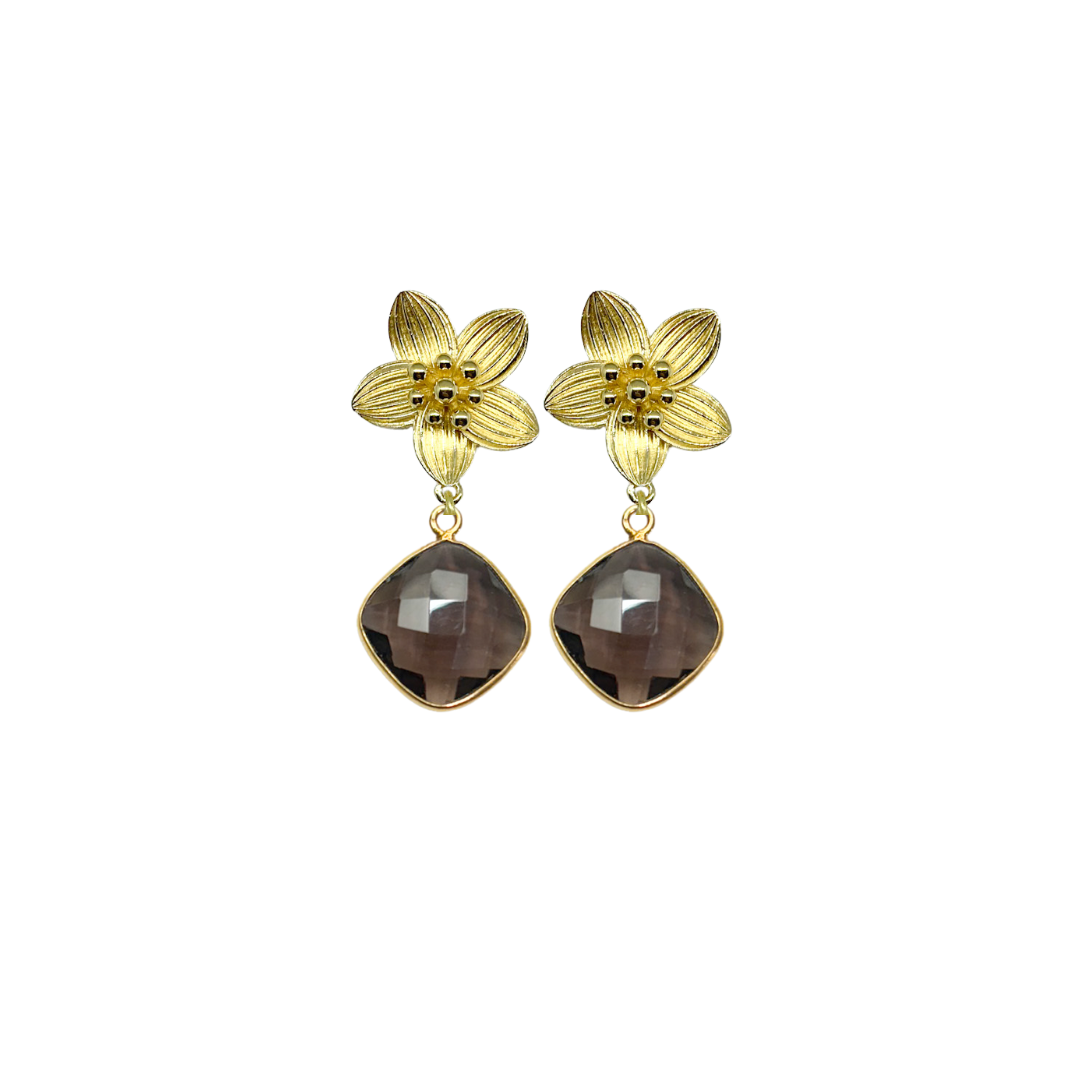 gold flower earrings with smoky quartz gemstone drop_m donohue collection