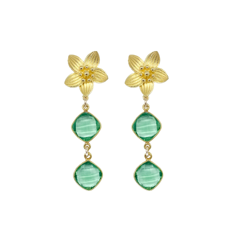 Intricate floral posts with a rich double Green Quartz drop_m donohue collection