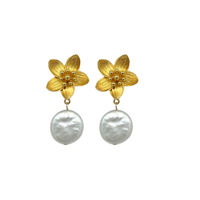 gold flower earring post with freshwater coin pearl_m donohue collection