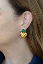 Model wearing Elizabeth Emerald Heart Drop Earrings_M Donohue Collection