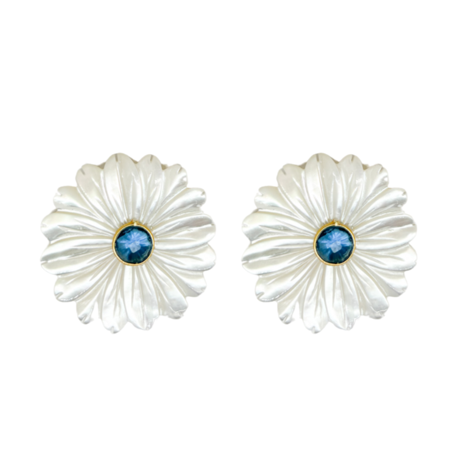 Beautiful white mother of pearl flowers with blue quartz gemstone center_m donohue collection