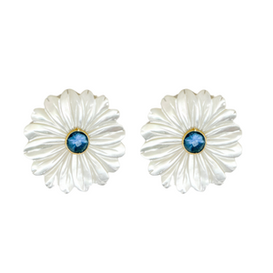 Beautiful white mother of pearl flowers with blue quartz gemstone center_m donohue collection