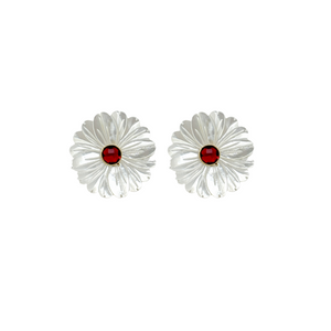 white mother of pearl flowers post earrings with garnet gemstone center gemstone_m donohue collection