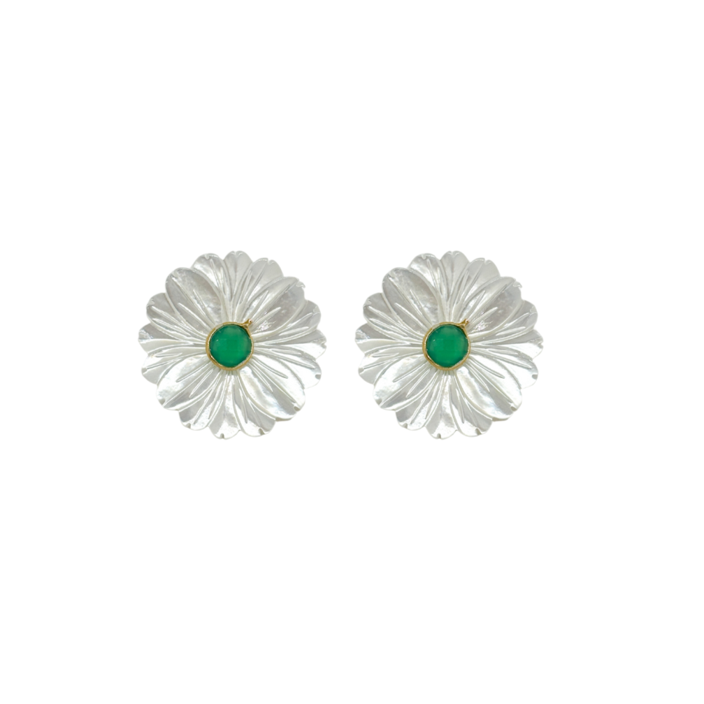 white mother of pearl flowers post earrings with green emerald gemstone center gemstone_m donohue collection