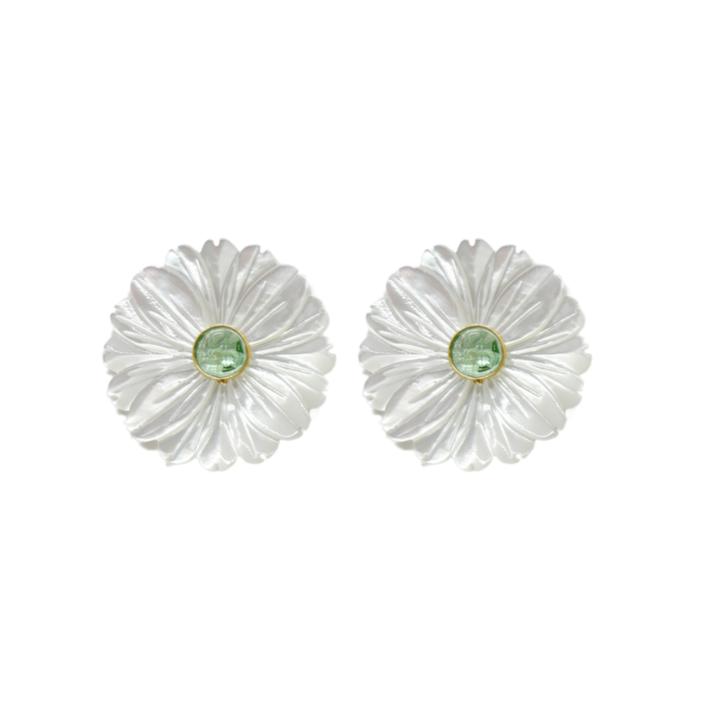 mother of pearl shell flower earring with green quartz gemstone_m donohue collection