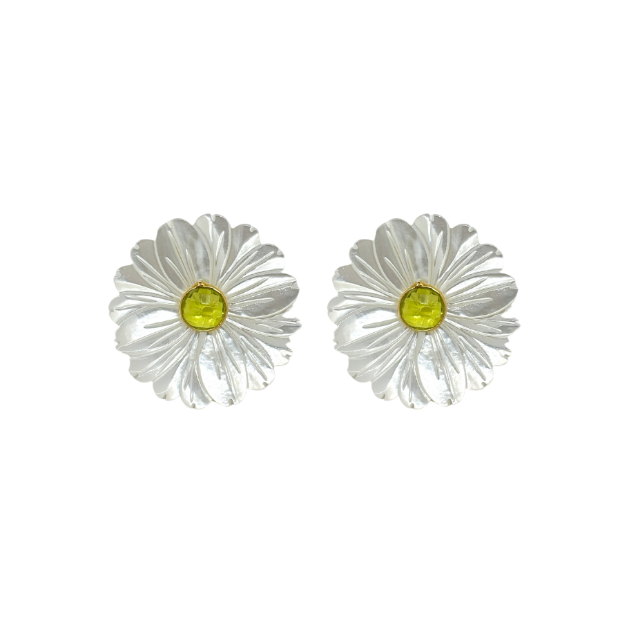 white mother of pearl flowers post earrings with peridot gemstone center gemstone_m donohue collection
