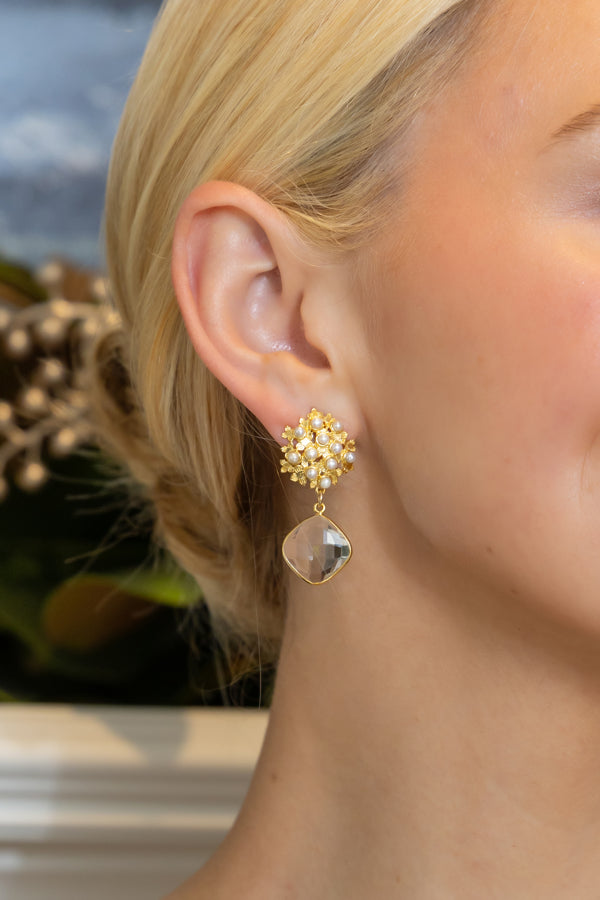 Model wearing Pearl Hydrangea Crystal Drop Earrings_M Donohue Collection