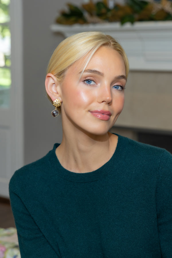 Model wearing Pearl Hydrangea Smoky Quartz Drop Earrings_M Donohue Collection