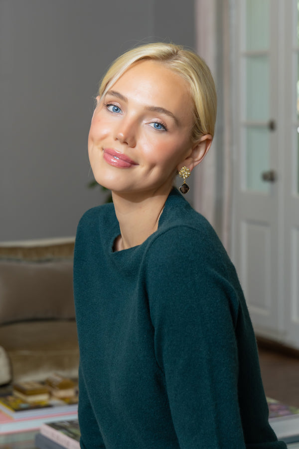 Model wearing Pearl Hydrangea Smoky Quartz Drop Earrings_M Donohue Collection