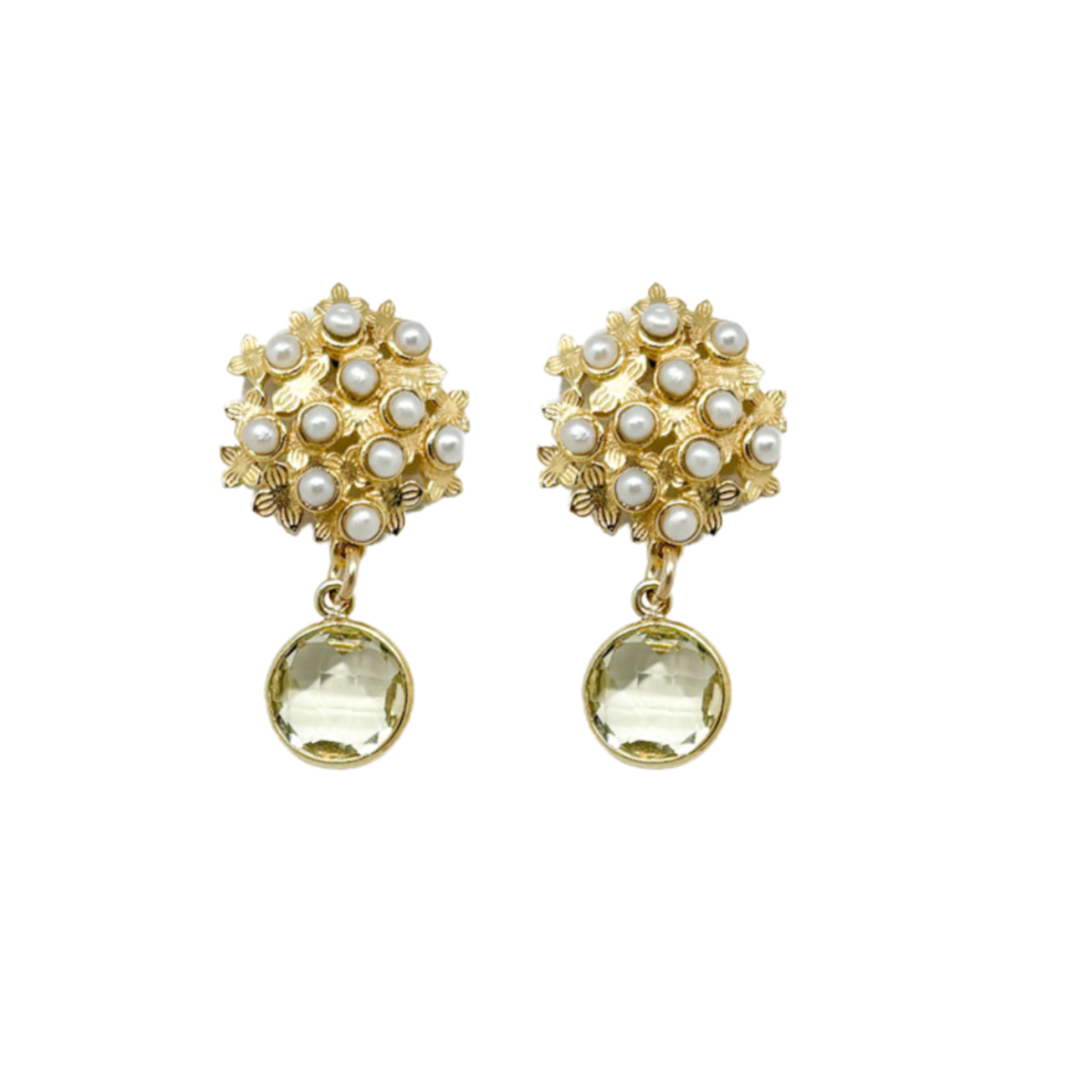 gold hydrangea earring post withsemi-precious lemon quartz gemstone drop_m donohue collection