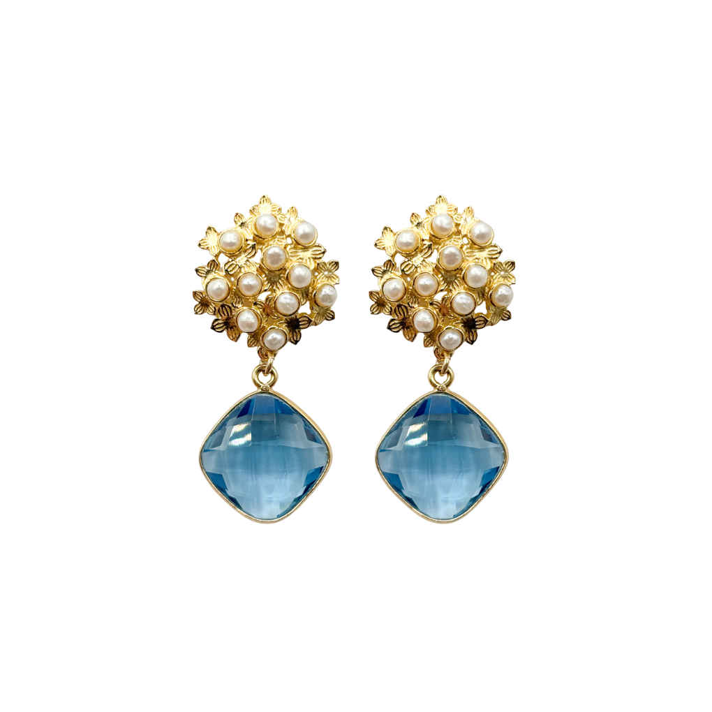 Pair of earrings with pearl and blue gemstone elements 