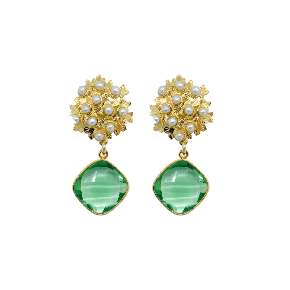 Gold flower cluster post with tiny freshwater pearls and semi-precious green quartz gemstone drop_m donohue collection