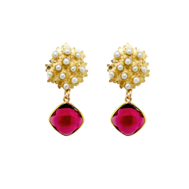 Gold flower cluster post with tiny freshwater pearls and semi-precious hot pink quartz gemstone drop_m donohue collection