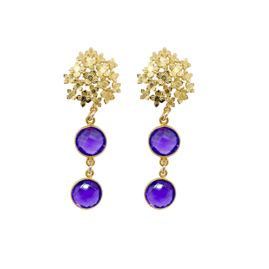 Garden inspired hydrangea post with double purple gemstone drop_m donohue collection