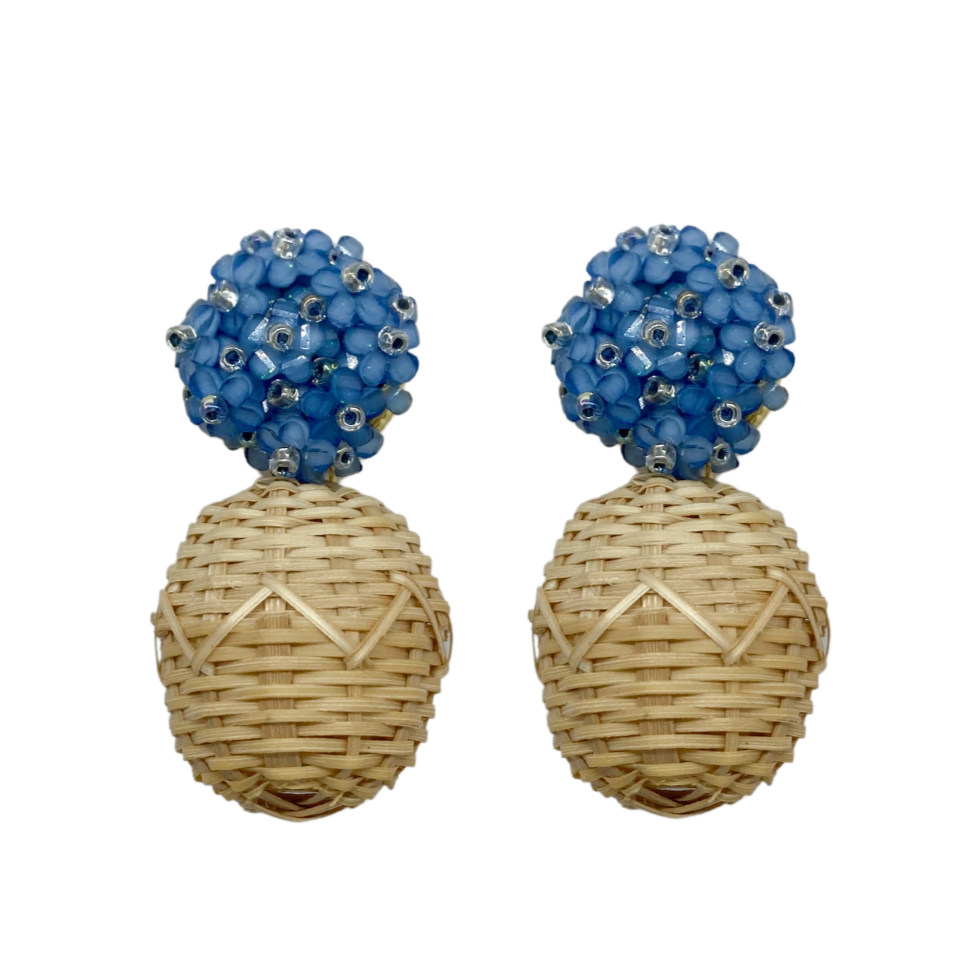 Delicate blue flower cluster clip-on posts with woven rattan ball_m donohue collection