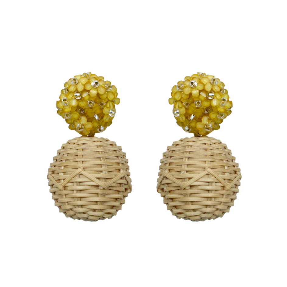 Delicate yellow flower cluster clip-on posts with woven rattan ball_m donohue collection