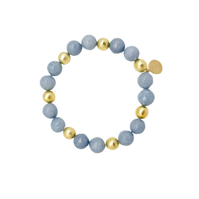 Beautiful stretch bracelet with sky blue color beads and gold plated copper beads.