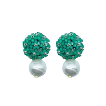 Load image into Gallery viewer, Emerald floral cluster clip-on post with lightweight cotton pearl drop_m donohue collection
