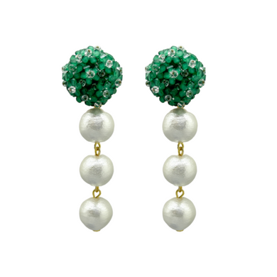 emeral green flower earring post with three white cotton pearl drops_m donohue collection