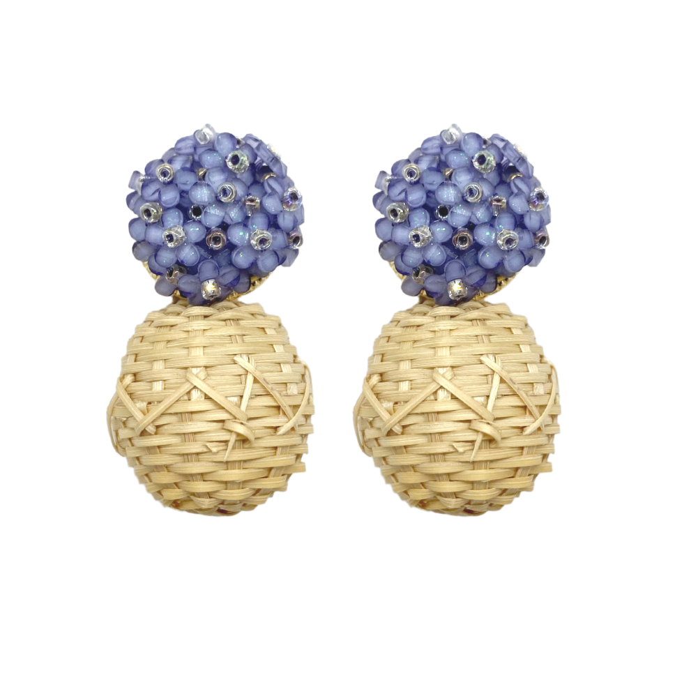 Delicate purple flower cluster clip-on posts with woven rattan ball_m donohue collection