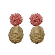 Load image into Gallery viewer, Delicate pink flower cluster clip-on posts with woven rattan ball_m donohue collection