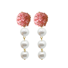 Load image into Gallery viewer, liz pink flower posts with three cotton pearl drops_m donohue colletion