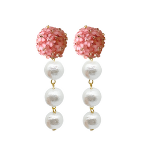 liz pink flower posts with three cotton pearl drops_m donohue colletion