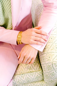 Model is wearing Maison Treillage Gold Bangle_m donohue collection