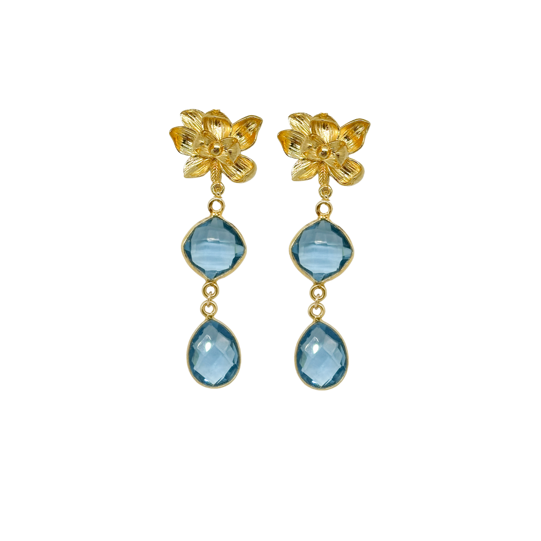 gold magnolia flower earring post with blue quartz gemstone drops_ m donohue collection