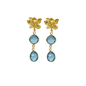 gold magnolia flower earring post with blue quartz gemstone drops_ m donohue collection