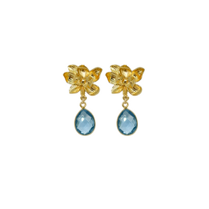 gold magnolia flower earring post with blue quartz gemstone drop_ m donohue collection