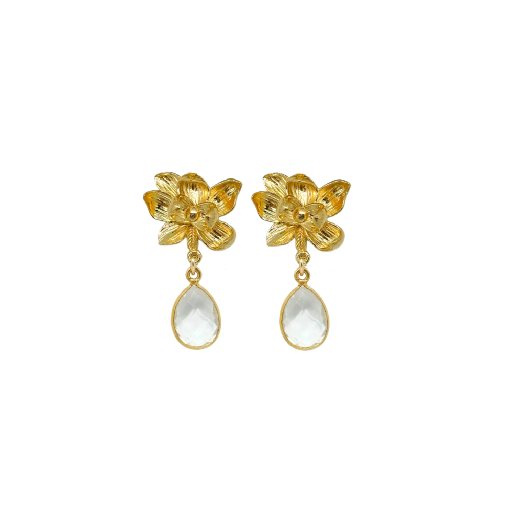 gold magnolia flower earring post with clear crystal quartz gemstone drop_m donohue collection