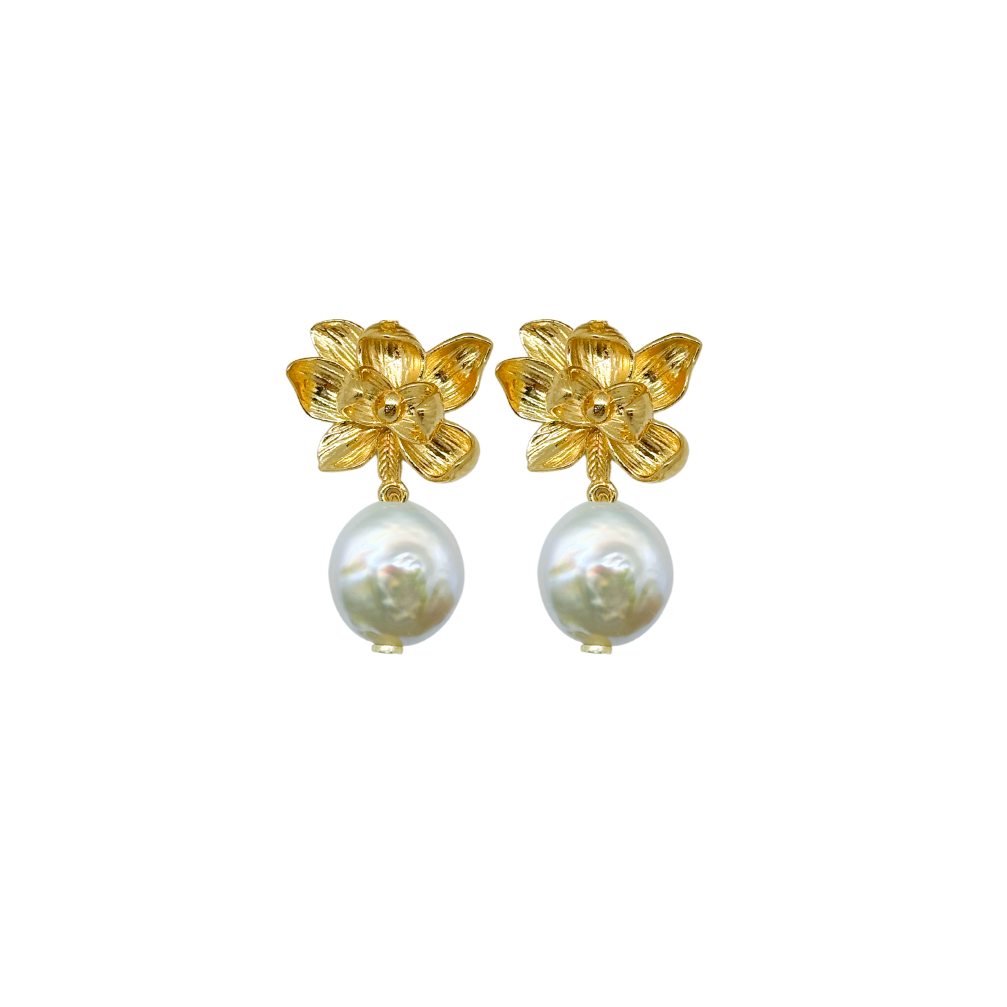 gold magnolia flower earring post with freswater coin pearl drop_ m donohue collection