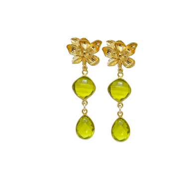 gold magnolia flower earring post with green peridot gemstone drops_ m donohue collection