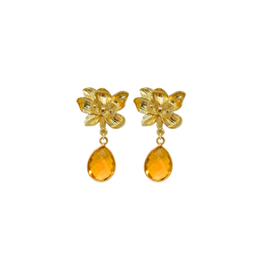 gold magnolia flower earring post with orange citrine gemstone drop_ m donohue collection