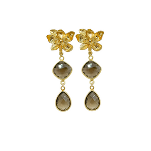 gold magnolia flower earring post with smoky quartz gemstone drops_ m donohue collection