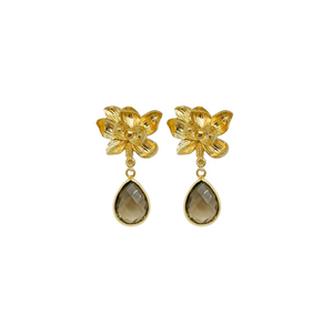 gold magnolia flower earring post with smoky quartz gemstone drop_ m donohue collection