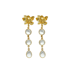 gold magnolia flower earring post with threeclear crystal quartz gemstone drops_ m donohue collection