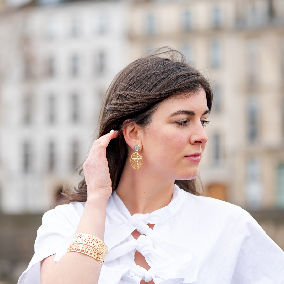 Model is wearing Remy Wicker Gold Oval & Aquamarine Earrings_m donohue collection