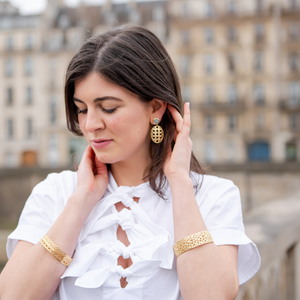 Model is wearing Remy Wicker Gold Oval & Aquamarine Earrings_m donohue collection