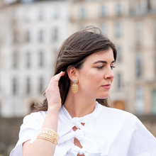 Load image into Gallery viewer, Model is wearing Remy Wicker Gold Oval &amp; Aquamarine Earrings_m donohue collection