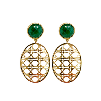 semiprecious emerald green earring post with gold wicker design oval drop_m donohue collection