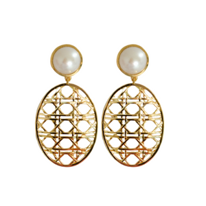 freshwater pearl earring post with gold wicker design oval drop_m donohue collection