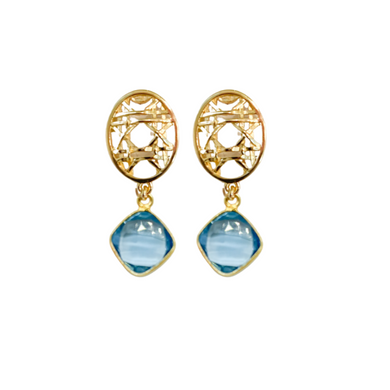 gold woven wicker posts with stunning, dainty blue quartz drop_m donohue collection