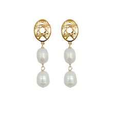 Load image into Gallery viewer, 18k gold-plated brass woven posts with white freshwater pearl drops_m donohue collection