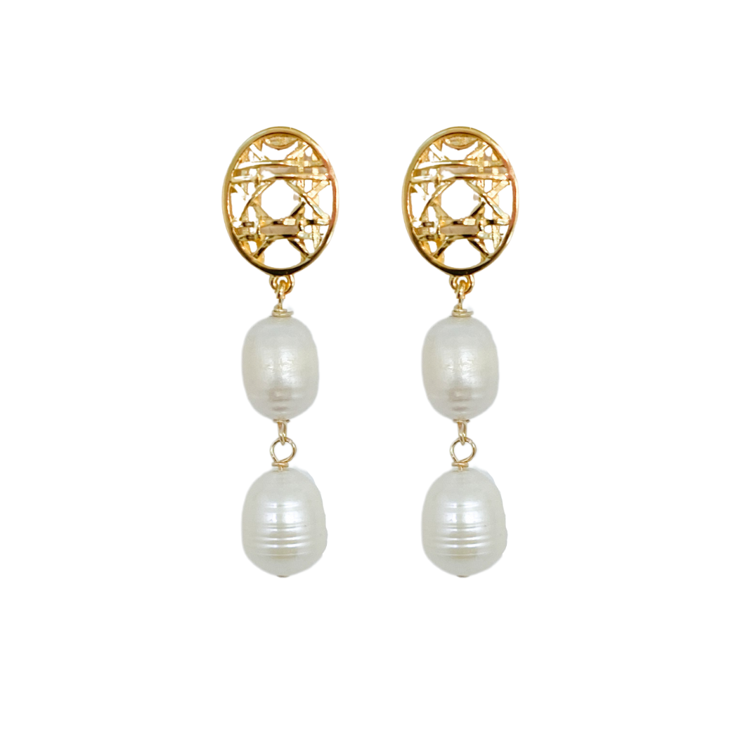 18k gold-plated brass woven posts with white freshwater pearl drops_m donohue collection