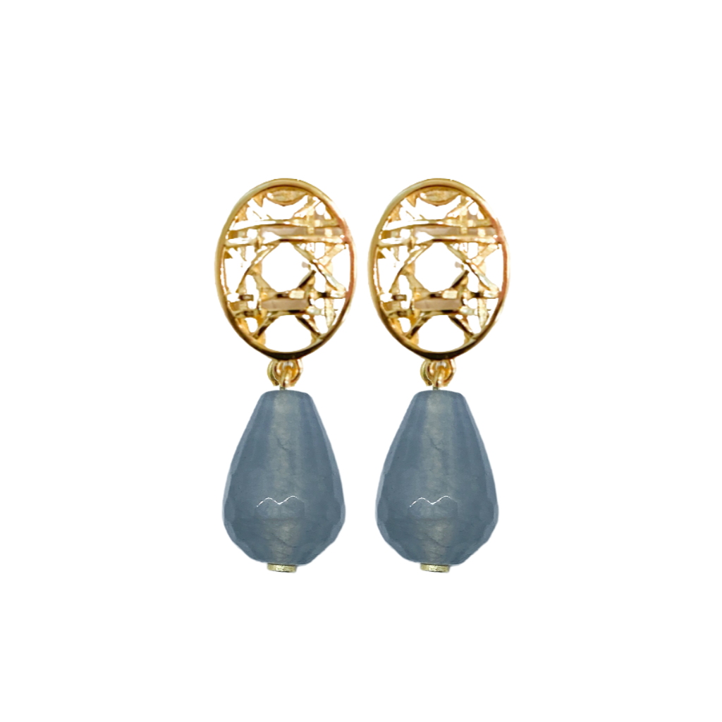 18k gold-plated brass woven posts with grey quartz drops_m donohue collection