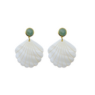 Summer mother of pearl shell earrings with aquamarine gemstone earrings on a white background_m donohue collection