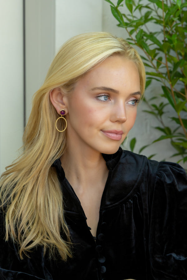 Model wearing Amethyst French Twist Earrings_M Donohue Collection